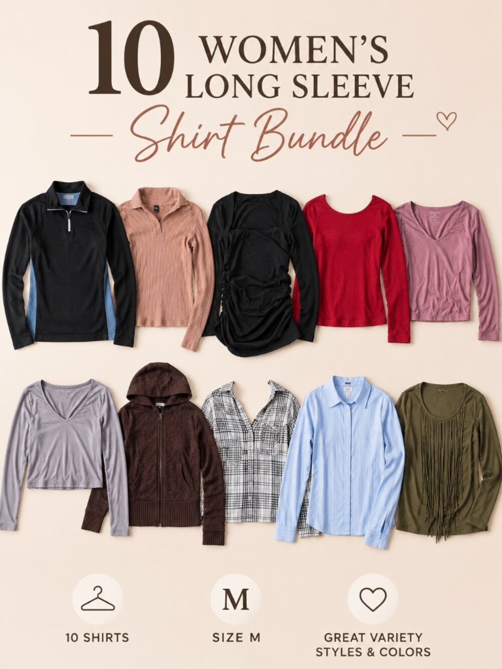 10 Women's Long Sleeve Shirt Bundle, M